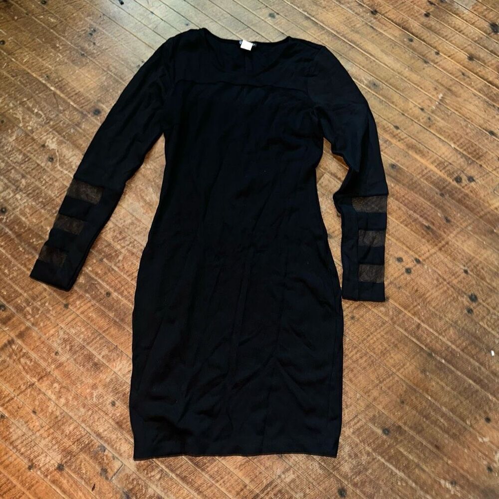 Venus scoop neck black knit M semi sheer sleeves mini dress